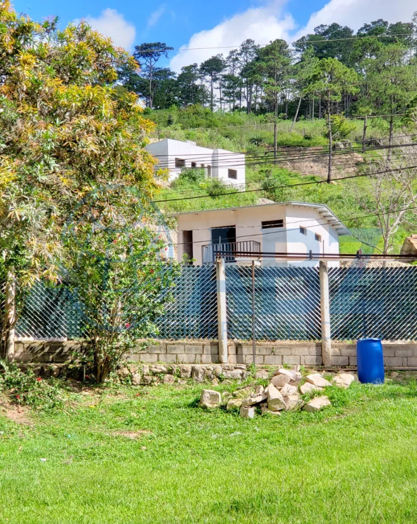 A yard of a house with privacy tape on the fence.